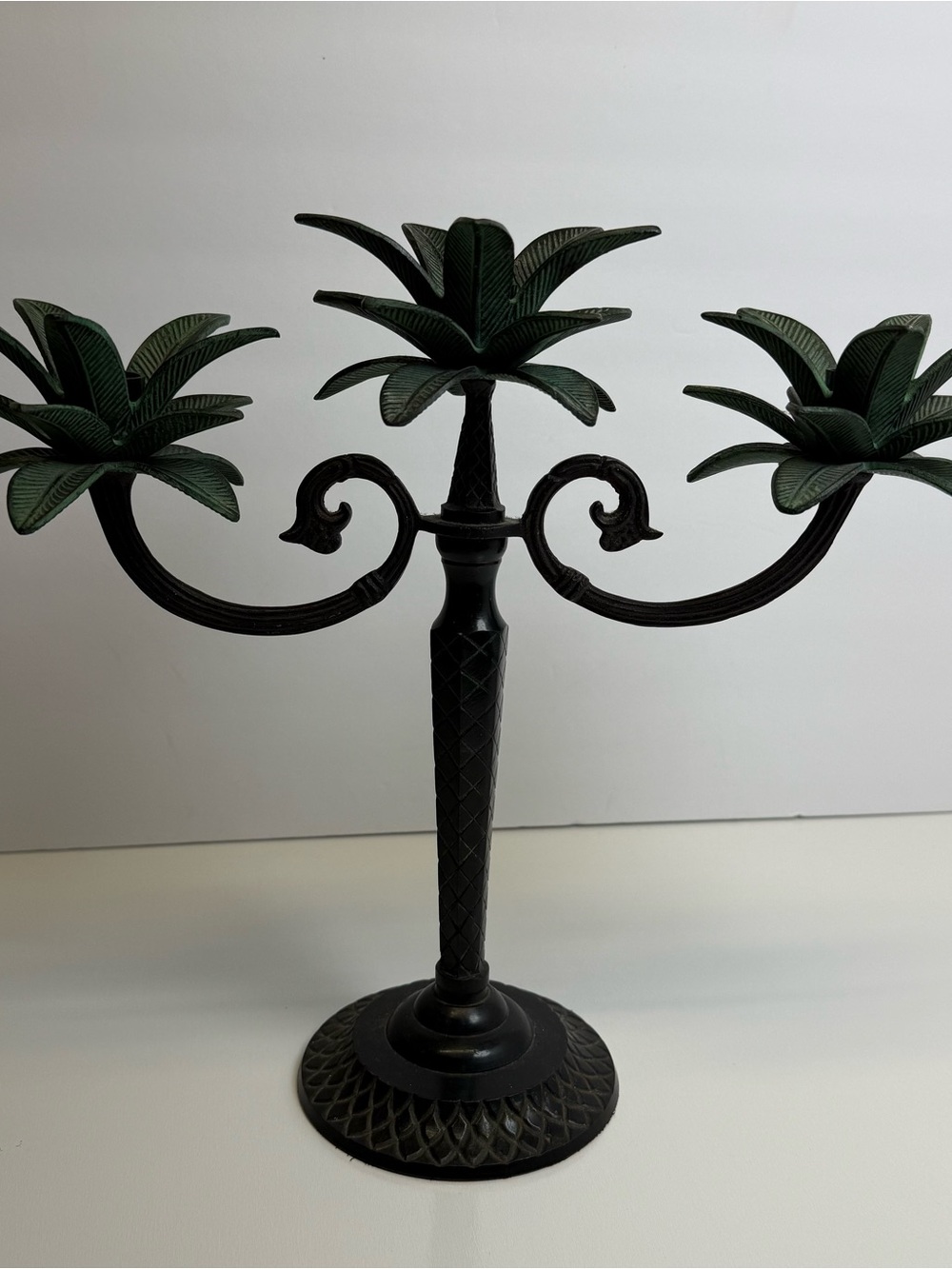 Decorative Candelabra 3 Arm Palm Leaf Design 12" Heavy Candle Holder Vintage - Picture 8 of 10